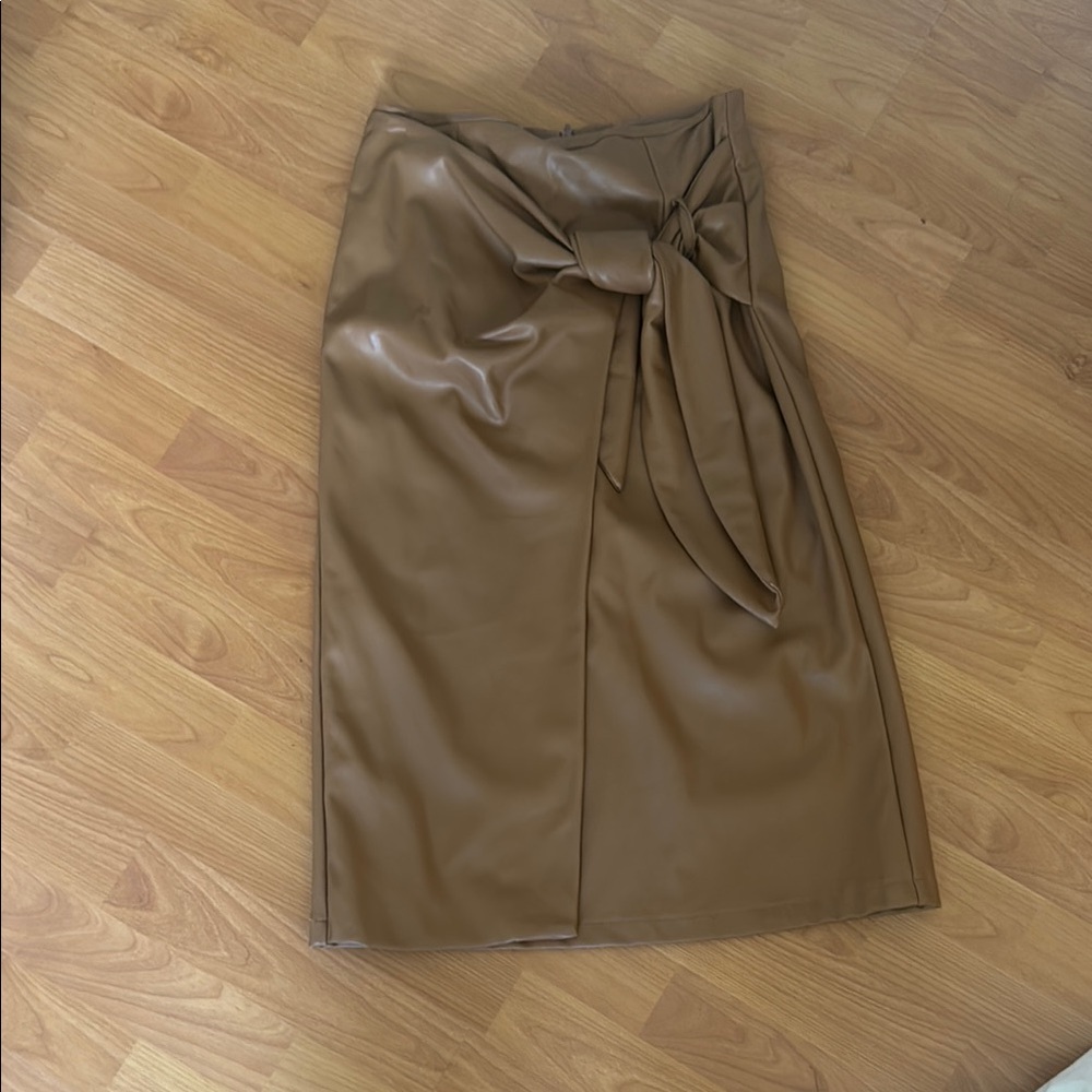 Brown Wrap Pleather Midi Skirt with Tie Front.
